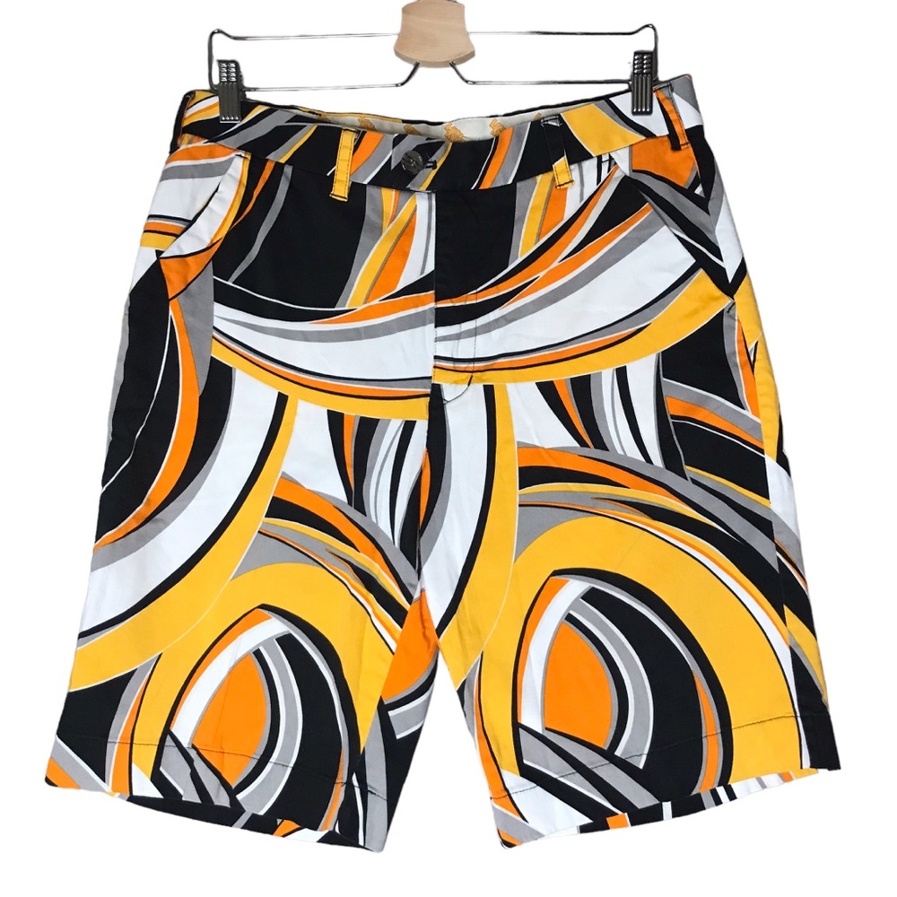 Loudmouth Golf Shorts Men's Yellow Black Geometric Shape Swirl Performance Short